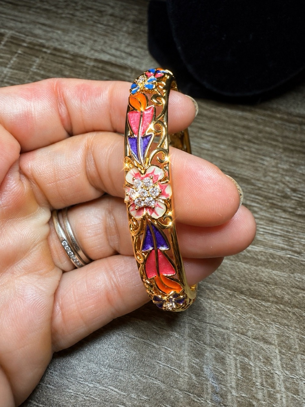 Gold-Tone Floral Enamel Bangle Bracelet with Multicolor Accents